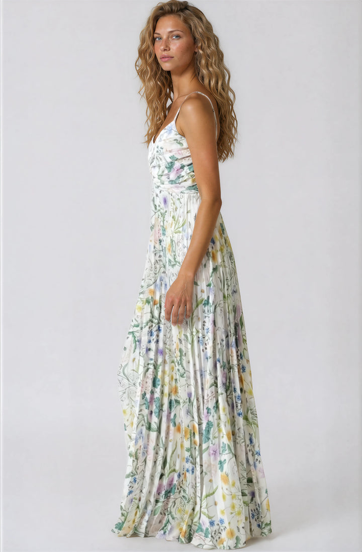 floral pleated maxi dress with pleated skirt for summer events side view