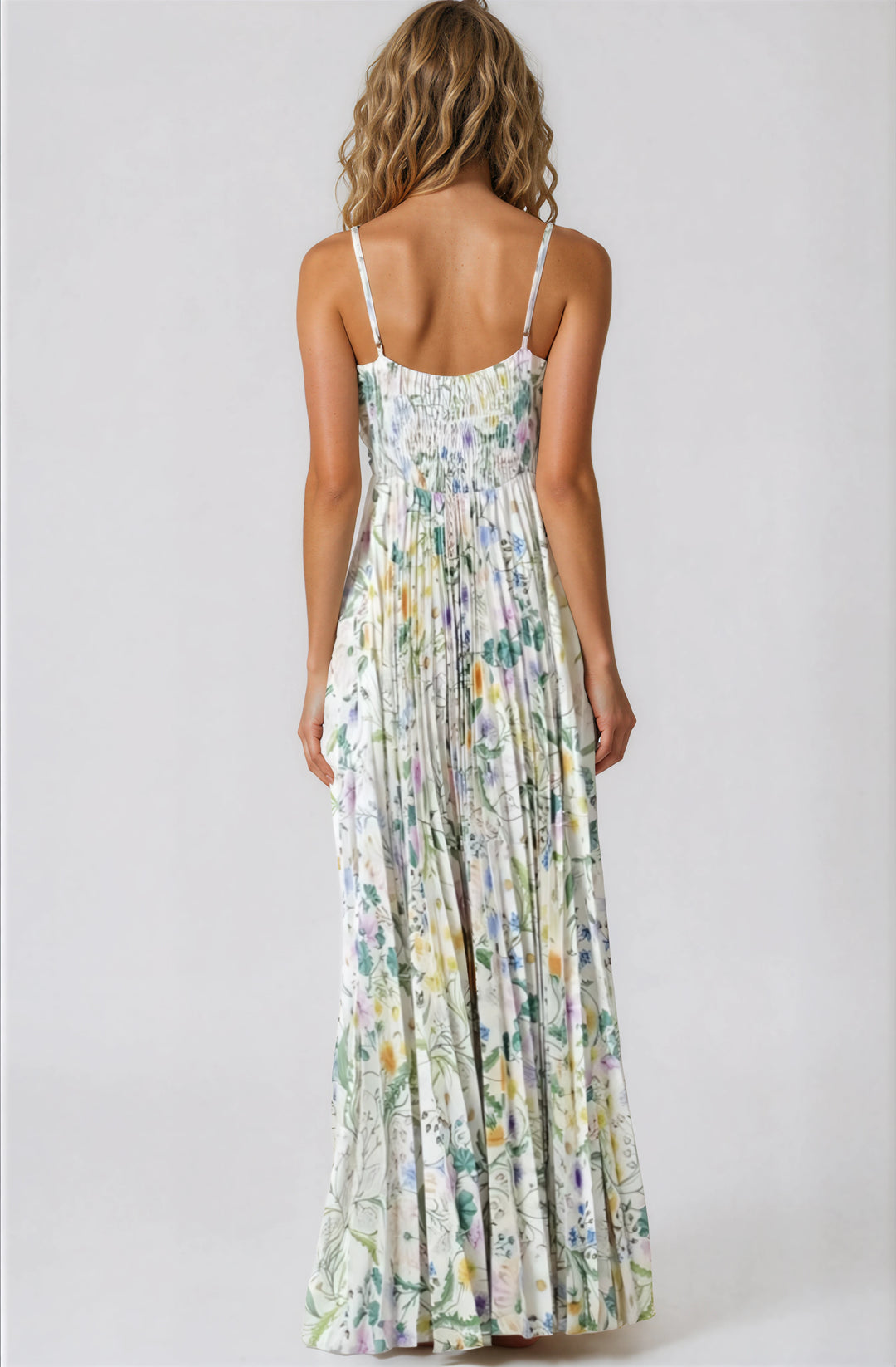 floral pleated maxi dress with pleated skirt for summer events back view