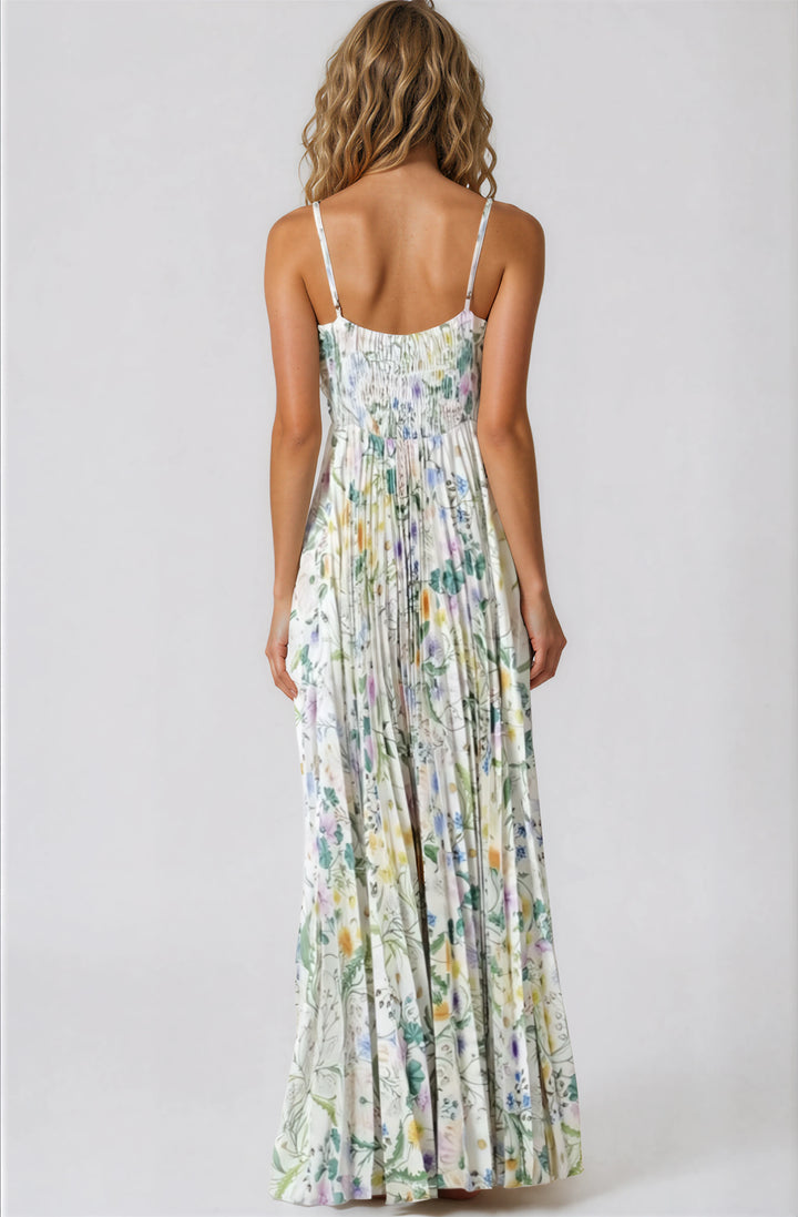 floral pleated maxi dress with pleated skirt for summer events back view