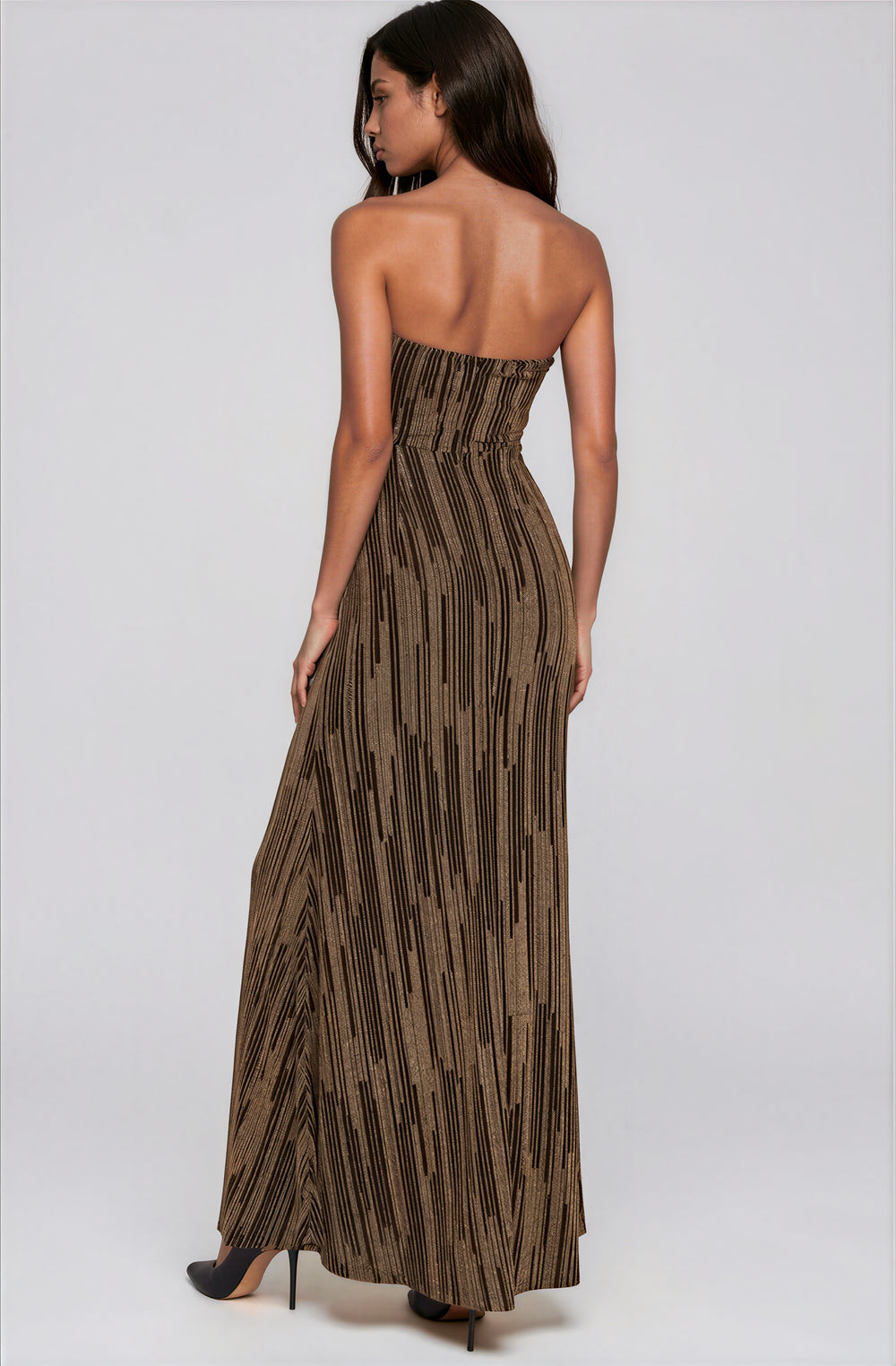 black and gold strapless maxi dress with flared skirt