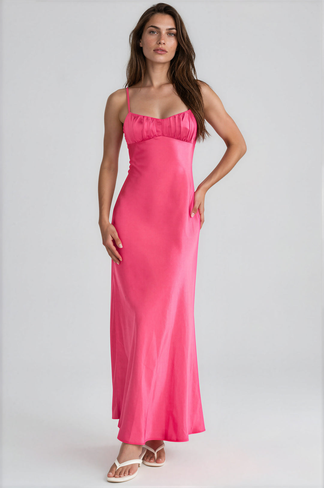 hot pink sleeveless satin maxi dress for summer wedding