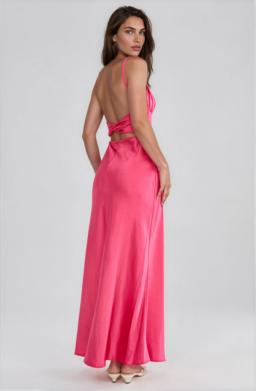 hot pink sleeveless satin maxi dress for summer wedding