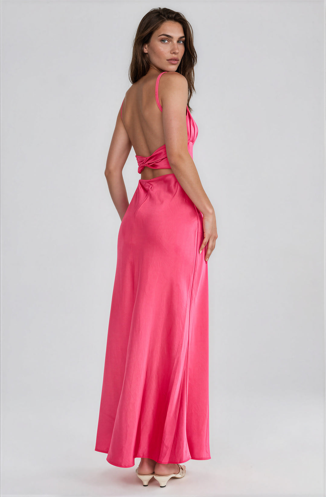 hot pink sleeveless satin maxi dress for summer wedding