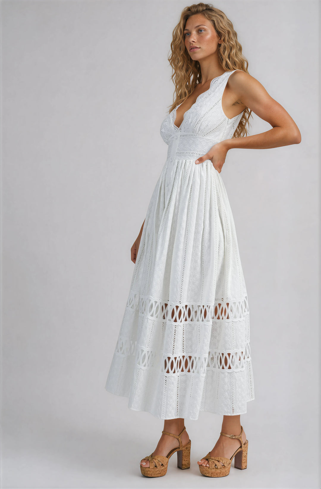White Cotton Midi Dress With Scalloped Neckline – The Salient Collection