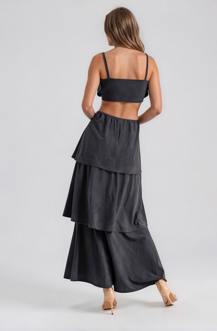 gray faux suede tiered maxi dress with floral detail