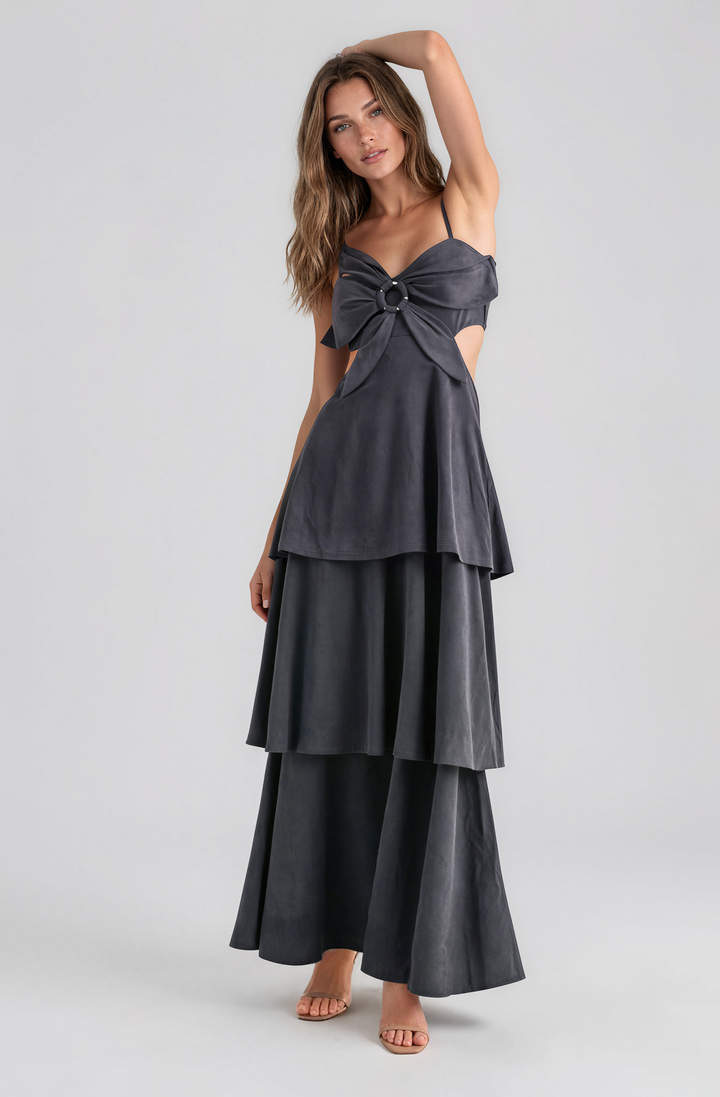 gray faux suede tiered maxi dress with floral detail