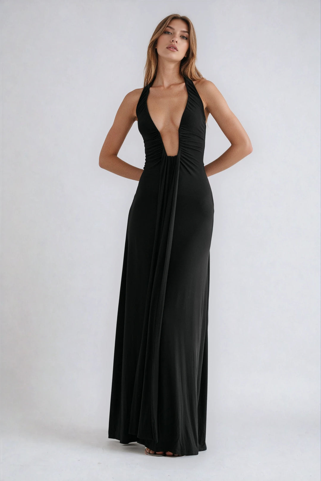 Black Deep Plunge Halter Maxi Dress The Salient Collection Black Deep Plunge Halter Maxi Dress The Salient Collection
