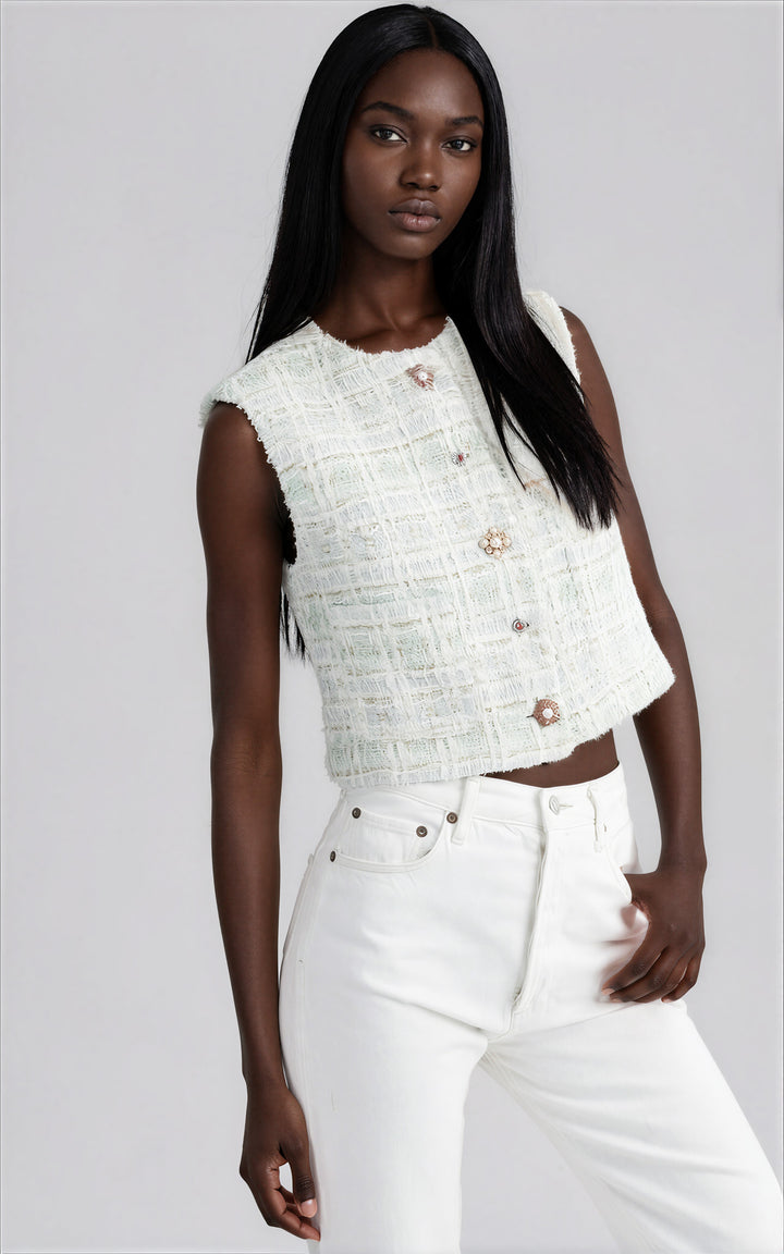 light green and white tweed sleeveless sweater vest with rhinestone buttons