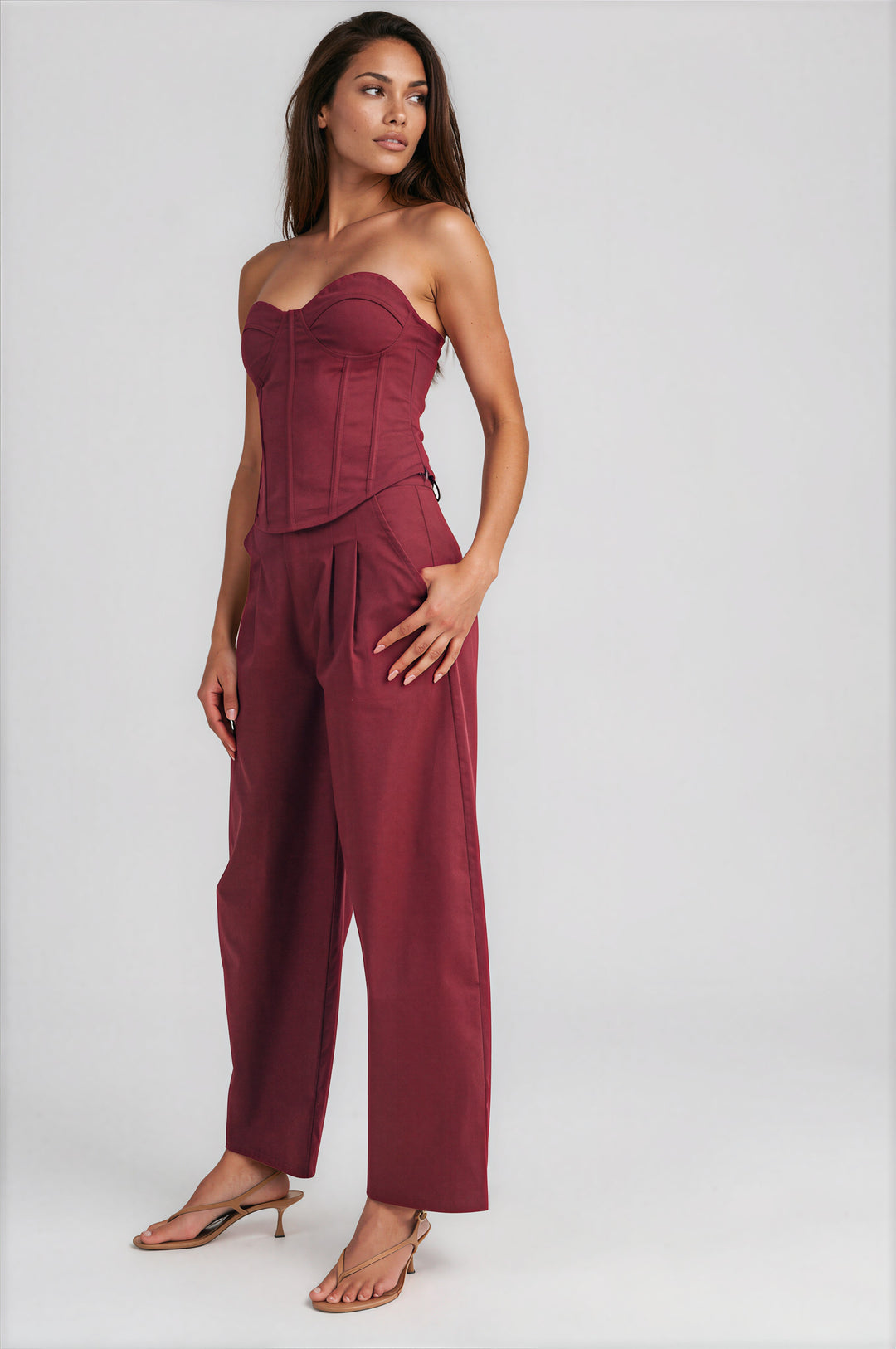Burgundy corset top and pleated wide-leg pants two-piece set