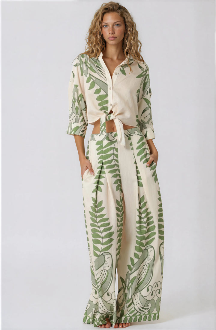 ivory and green matching pants set with tropical design