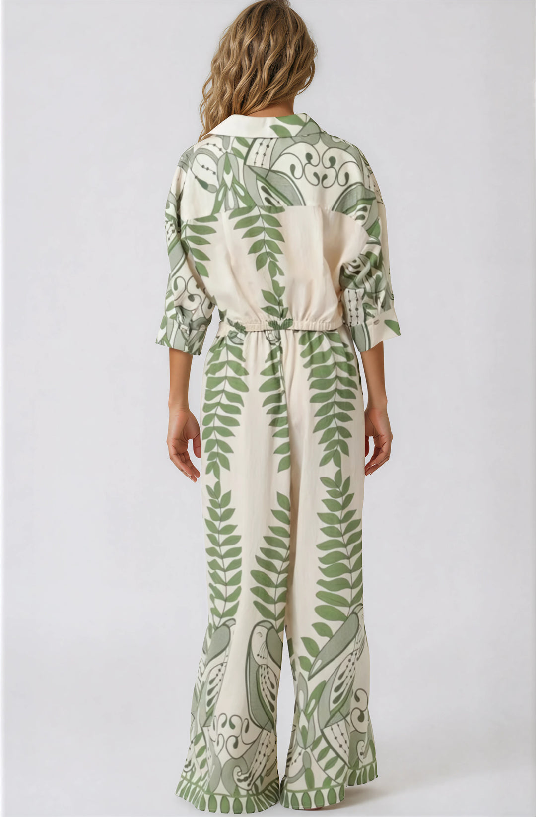ivory and green matching pants set with tropical design back view