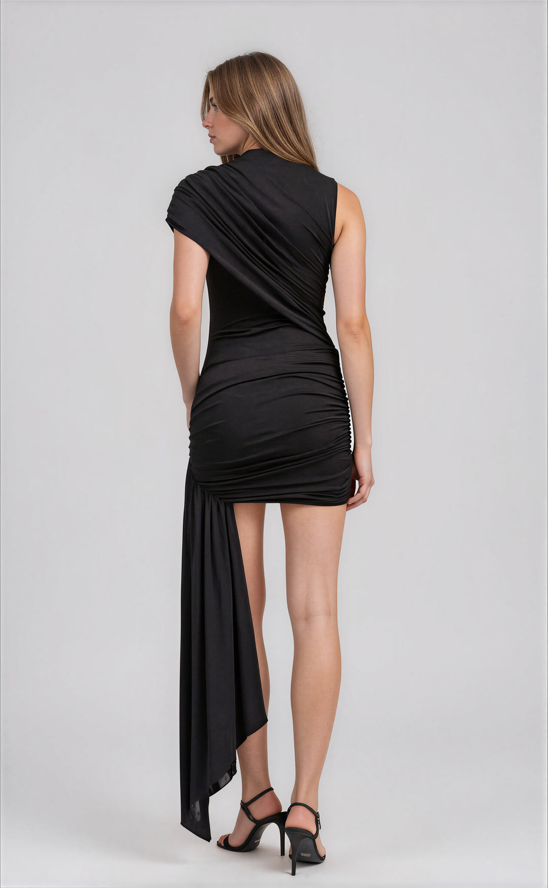 black mini dress with sash detailing for night out back view