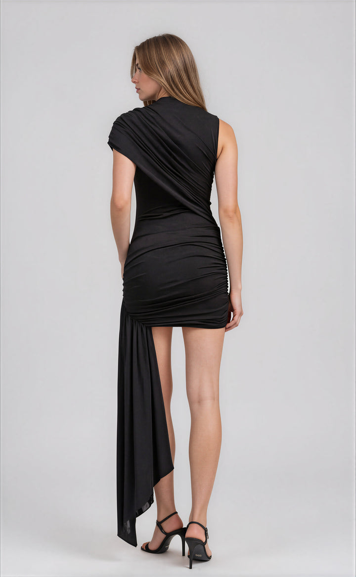 black mini dress with sash detailing for night out back view