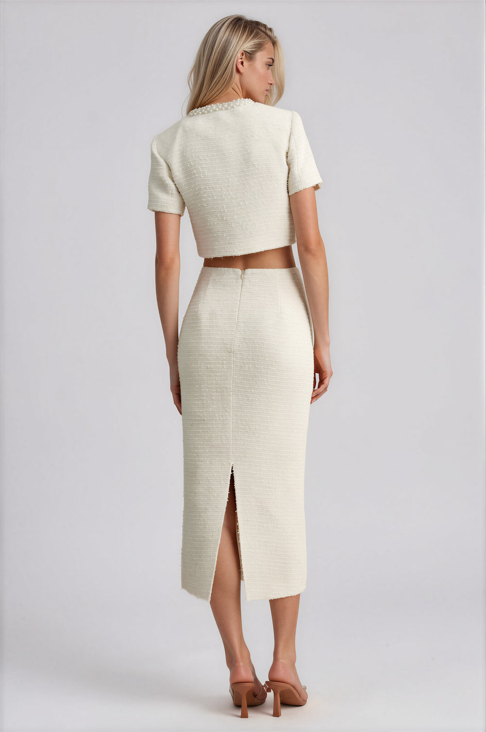 Cream tweed jewel-trim cropped jacket and midi skirt two-piece set