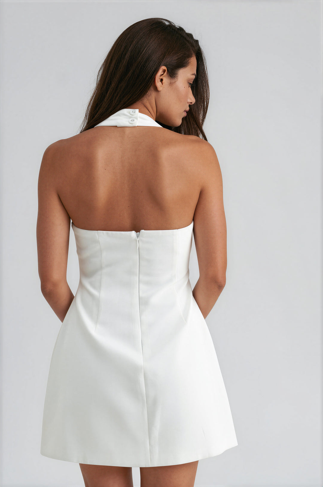 white collared halter dress Hailey White Embroidered Collared Halter Drop Waist Mini Dress (Archiv