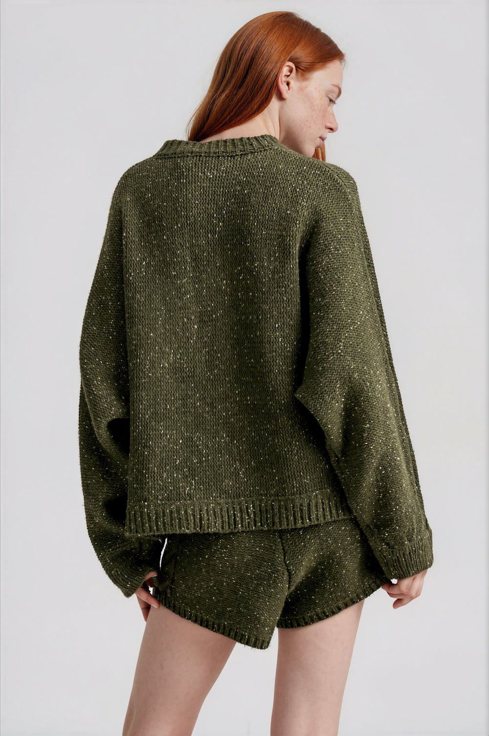 Olive cable knit sweater top and shorts two-piece set