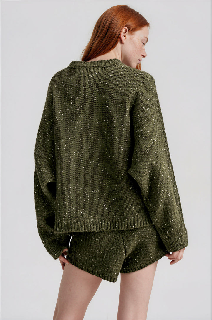 Olive cable knit sweater top and shorts two-piece set