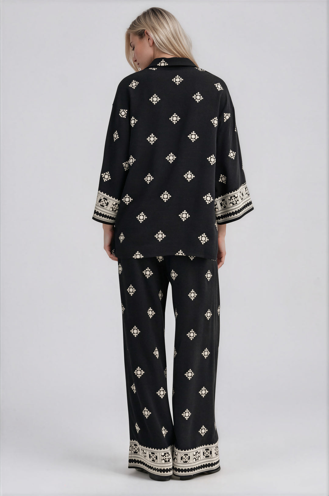 Black and cream embroidered pants set with relaxed button-down shirt