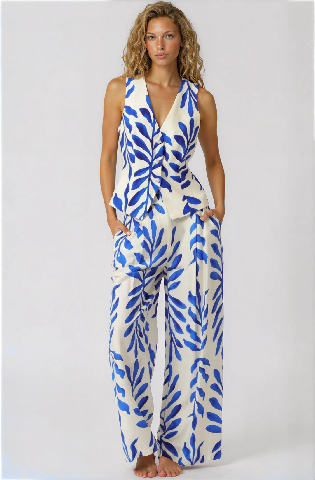 blue and white vest and pants set front view