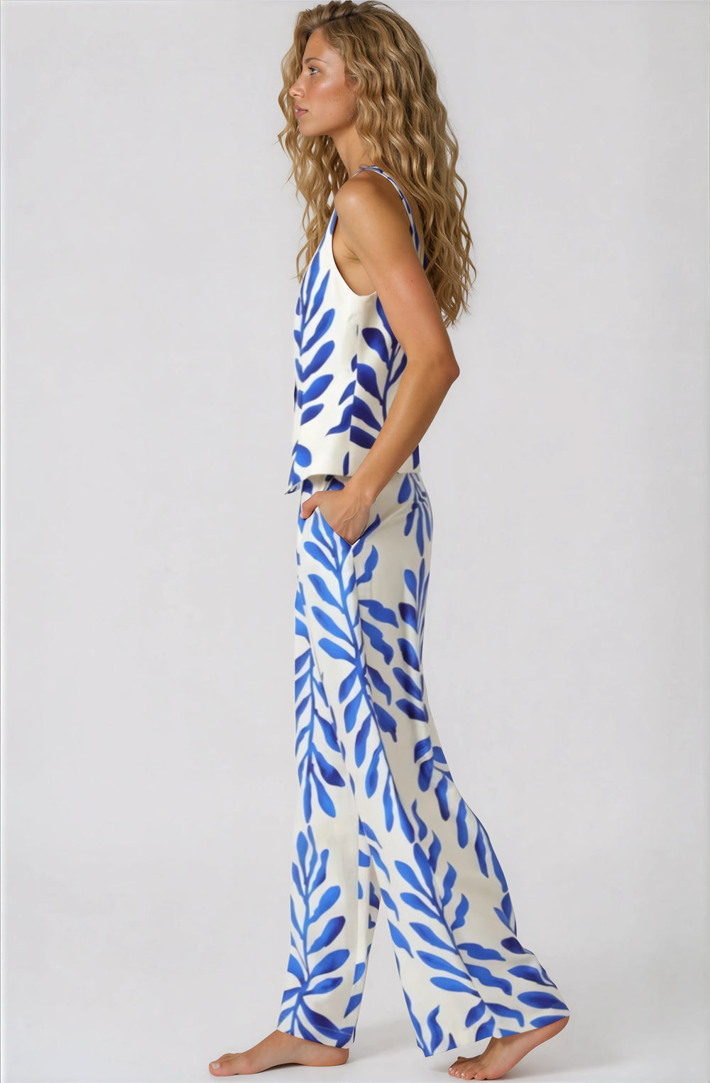 blue and white vest and pants set side view