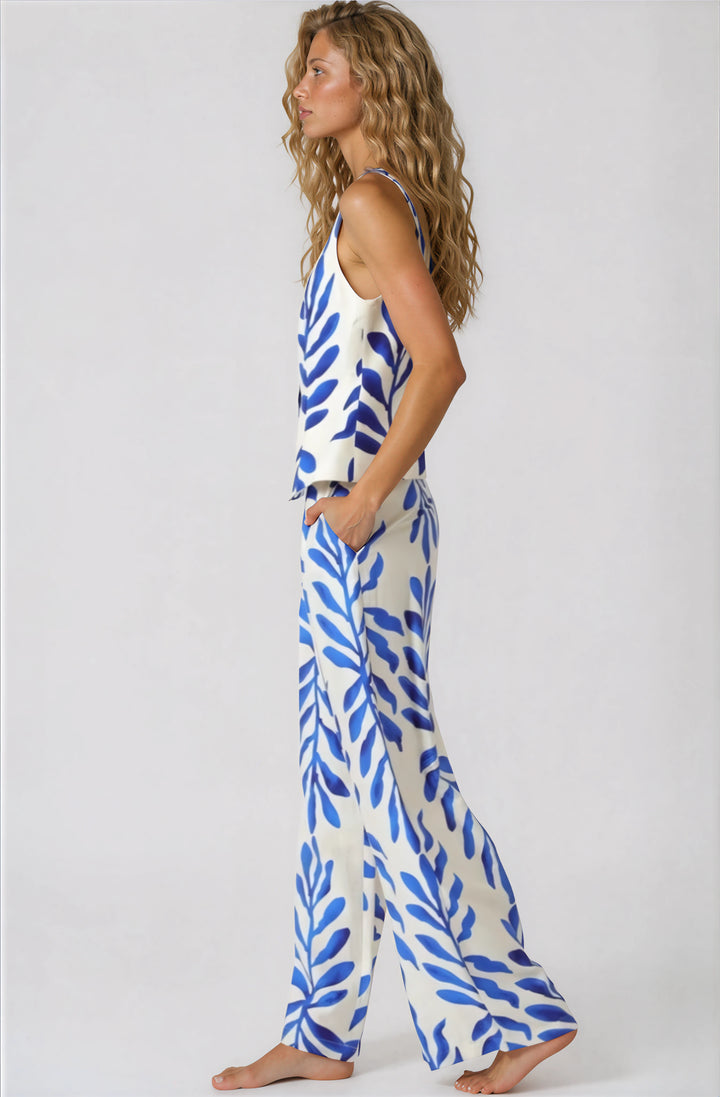 blue and white vest and pants set side view