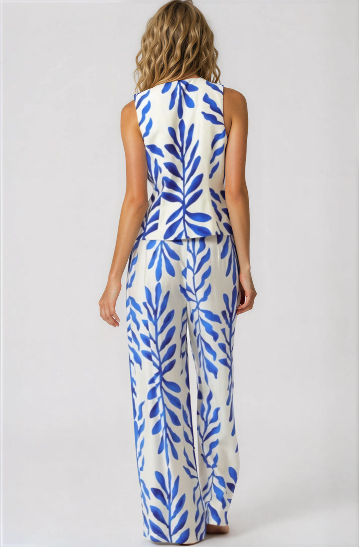 blue and white vest and pants set back view