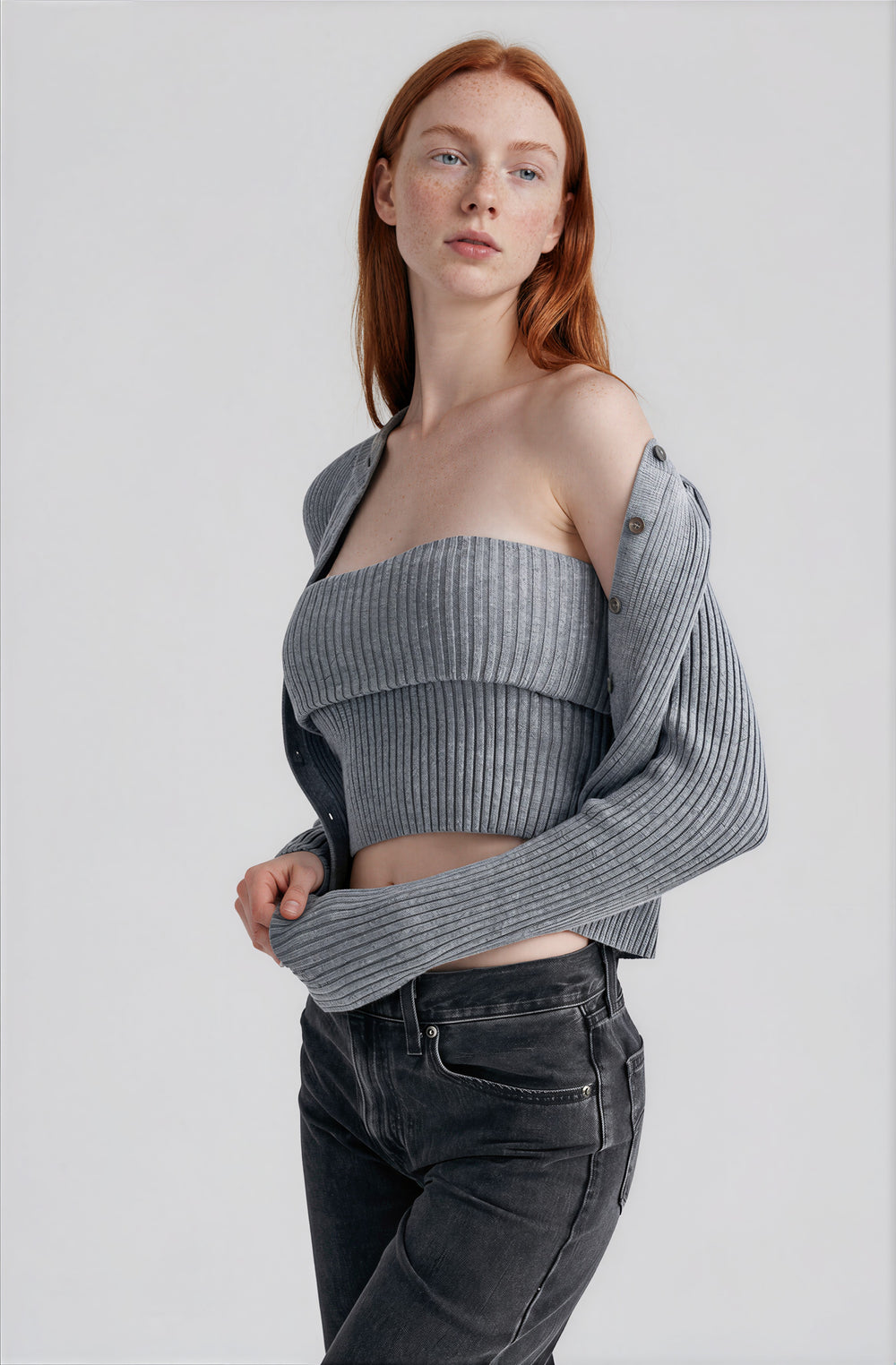 gray tube top and cardigan sweater set with ribbed fabric