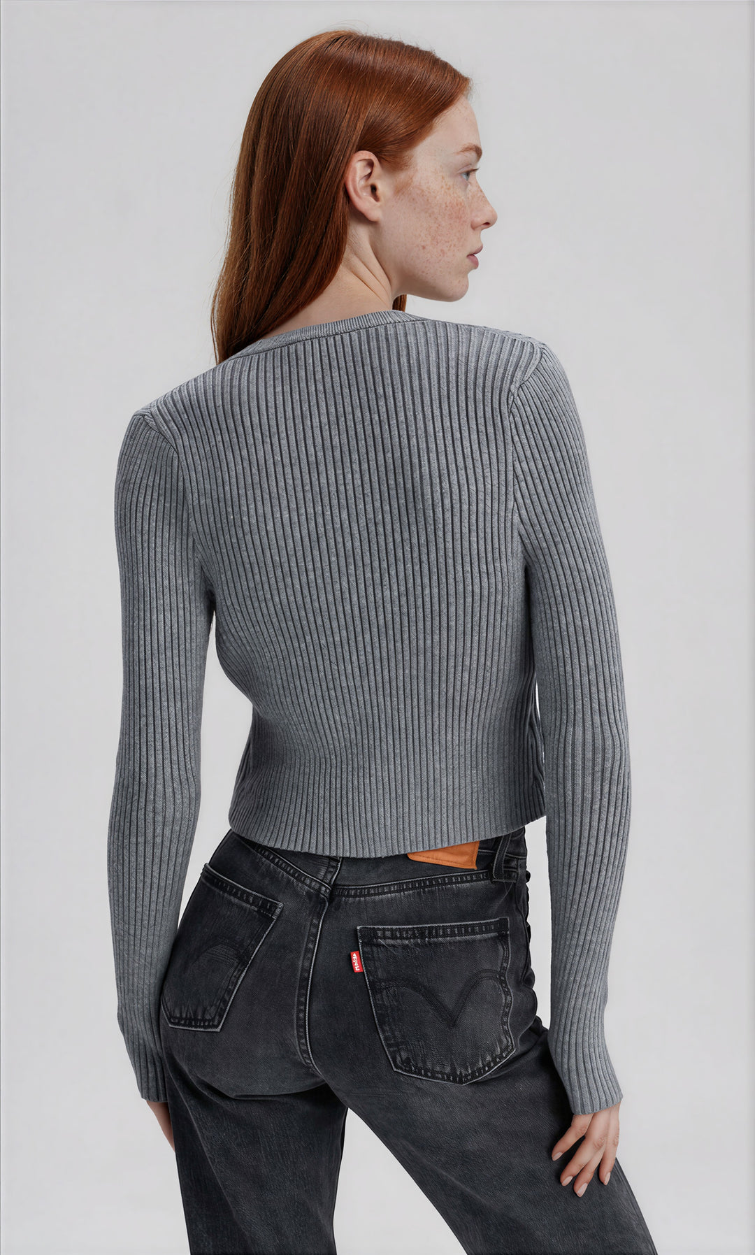 gray tube top and cardigan sweater set with ribbed fabric back view