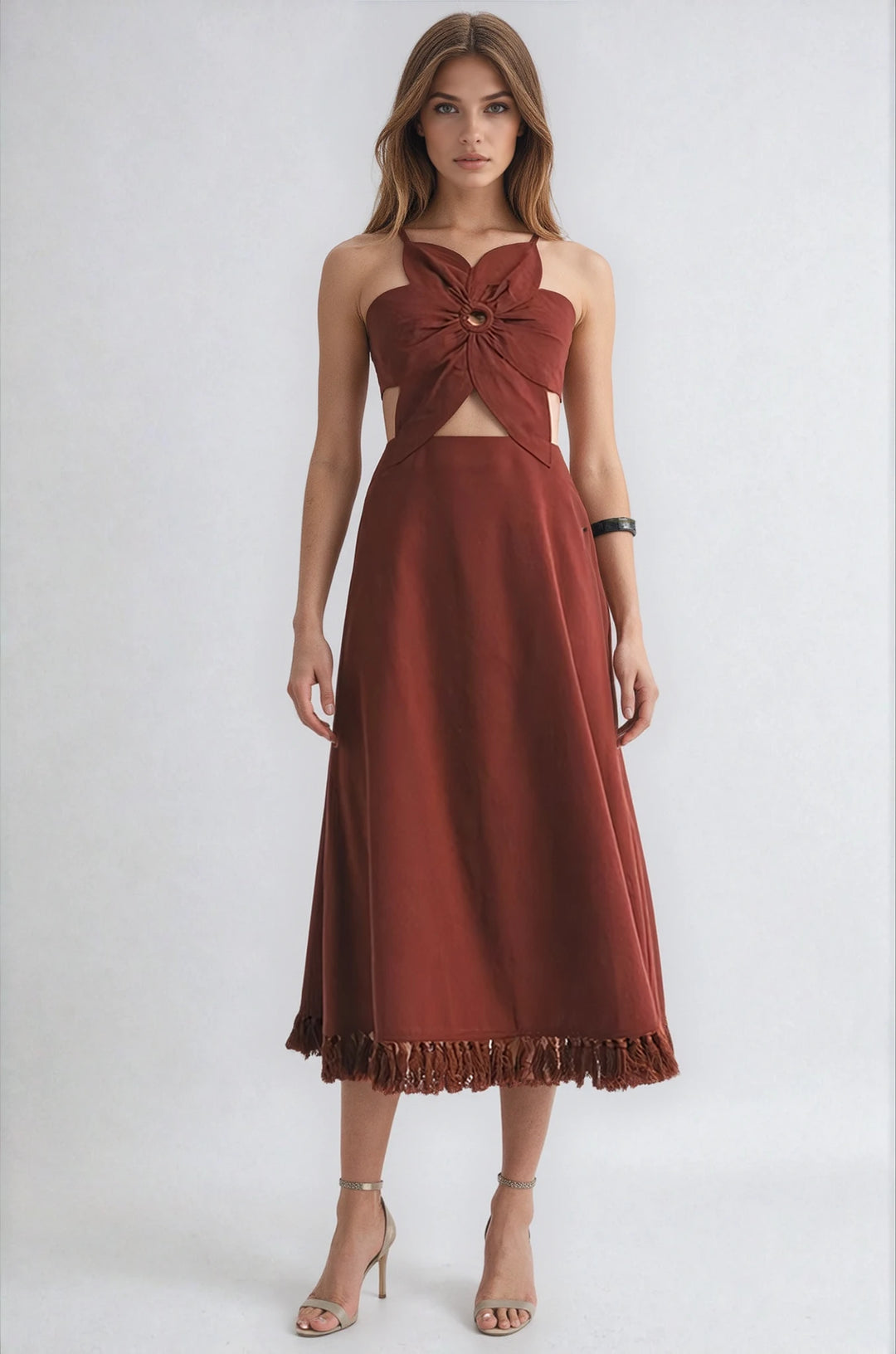 red dress jasmine Burgundy Floral Cutout Midi Dress with Fringe Hem – The Salient Collection