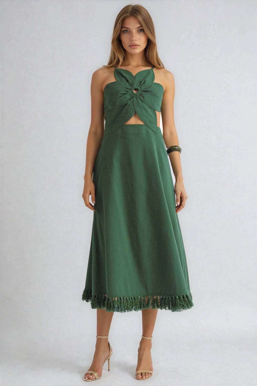 Green Floral Cutout Midi Dress with Fringe Hem and Open Back Green Floral Cutout Midi Dress with Fringe Hem and Open Back