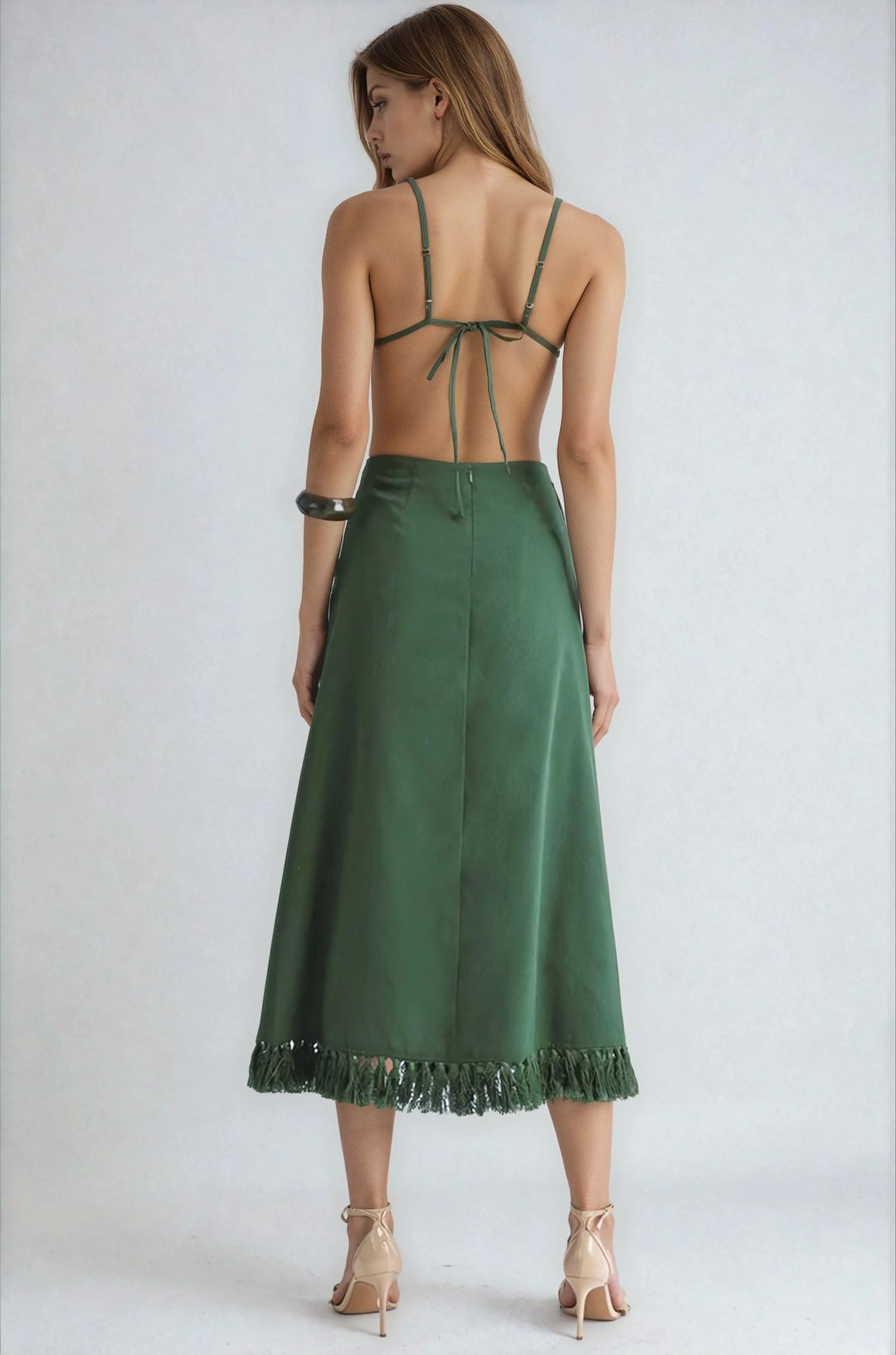 Green Floral Cutout Midi Dress with Fringe Hem and Open Back Green Floral Cutout Midi Dress with Fringe Hem and Open Back