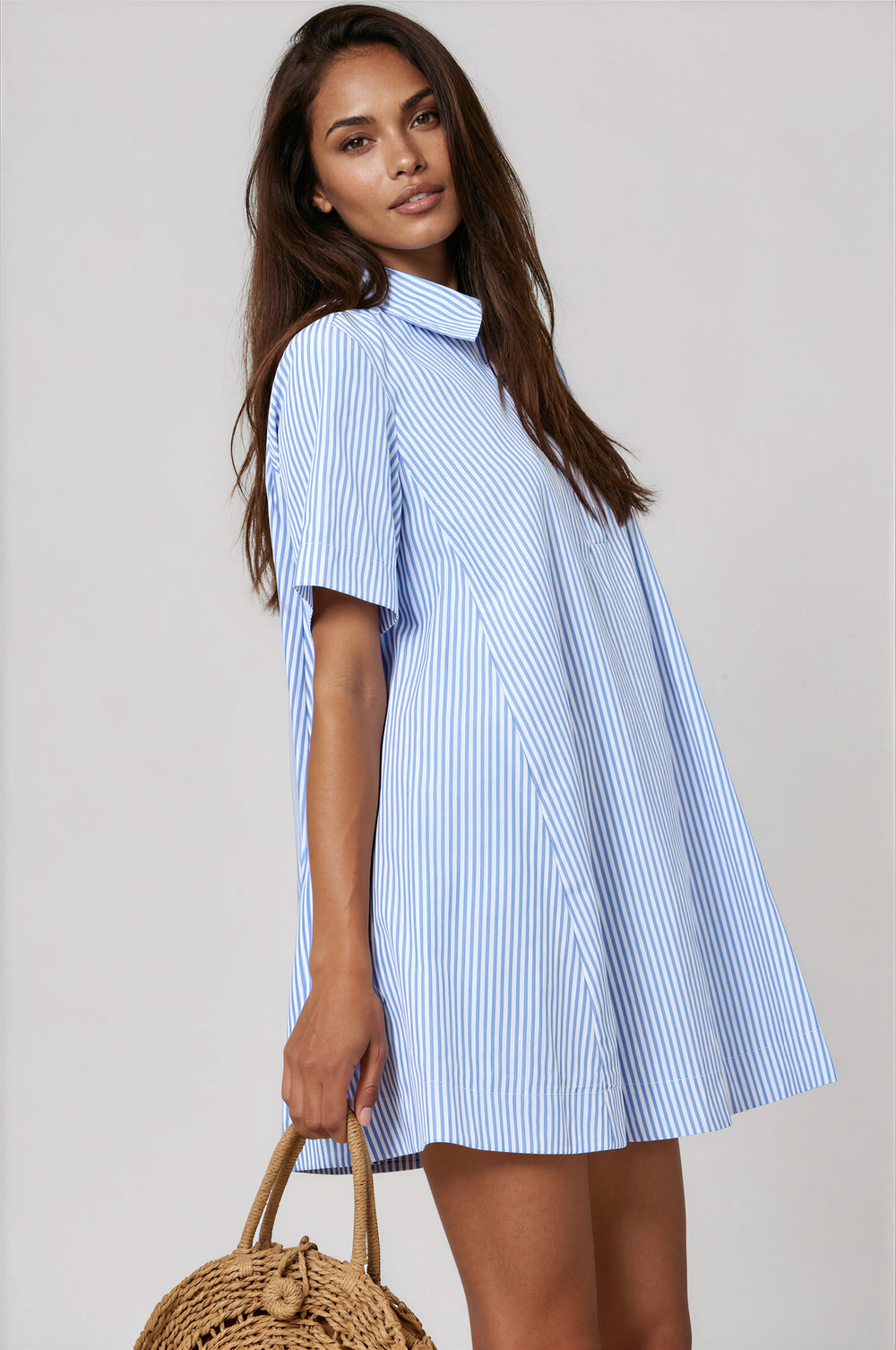 Blue striped swing shirt dress with collar and button placket