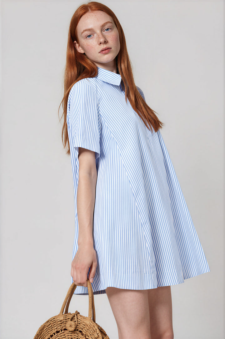 Blue striped swing shirt dress with collar and button placket