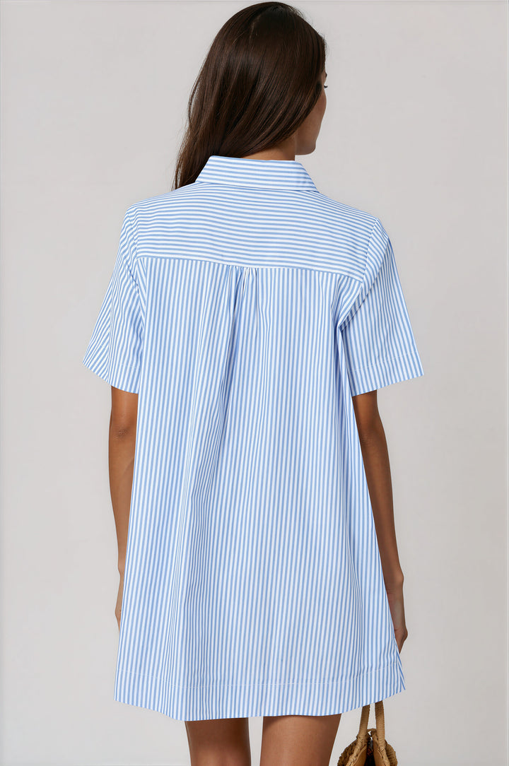 Blue and white striped A-line mini shirt dress