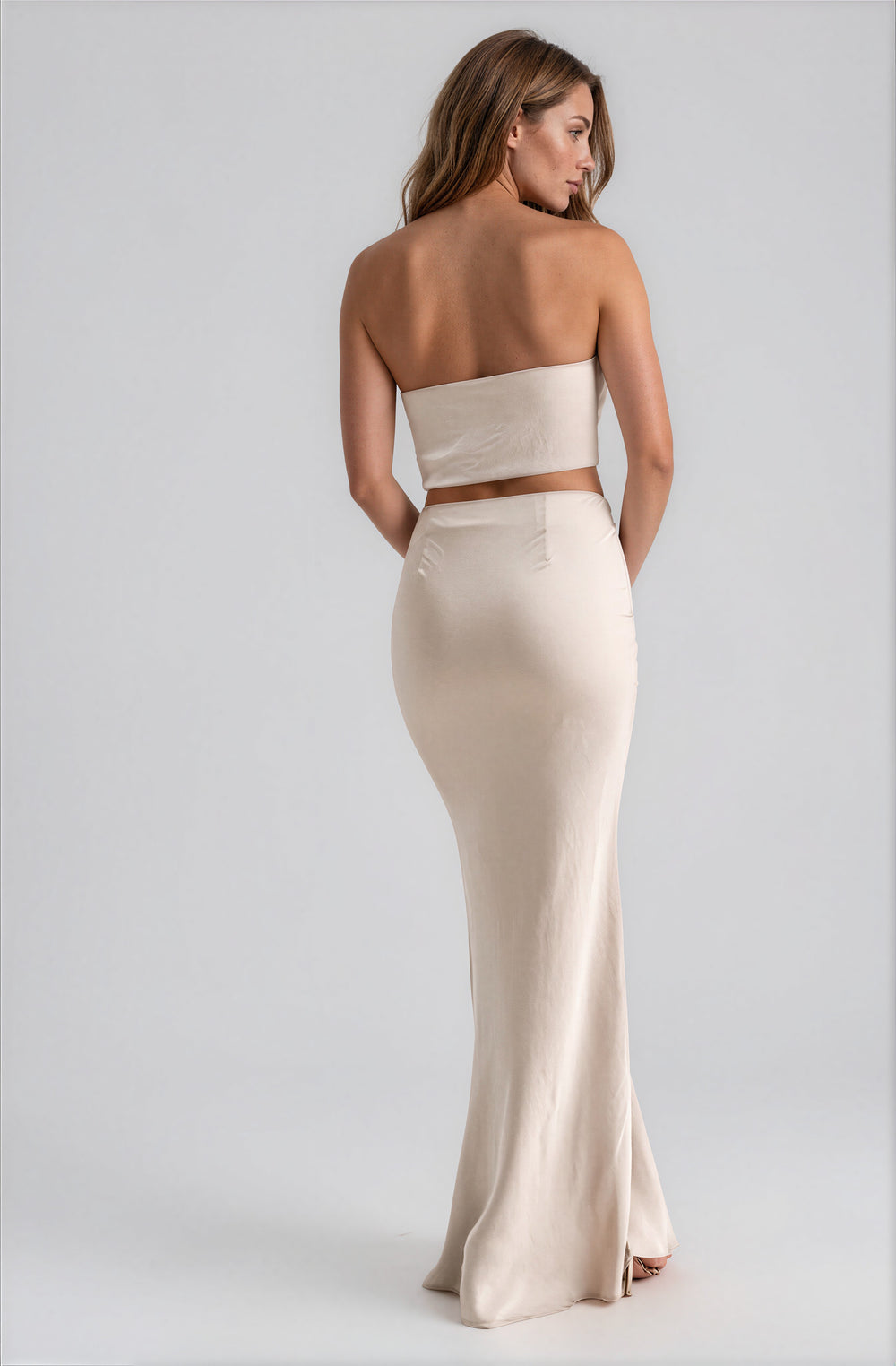 champagne satin matching skirt set with cowl neck halter top and maxi skirt