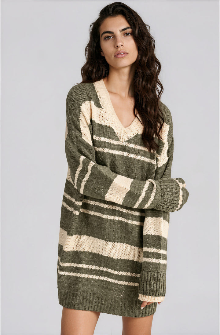 green and beige striped sweater mini dress