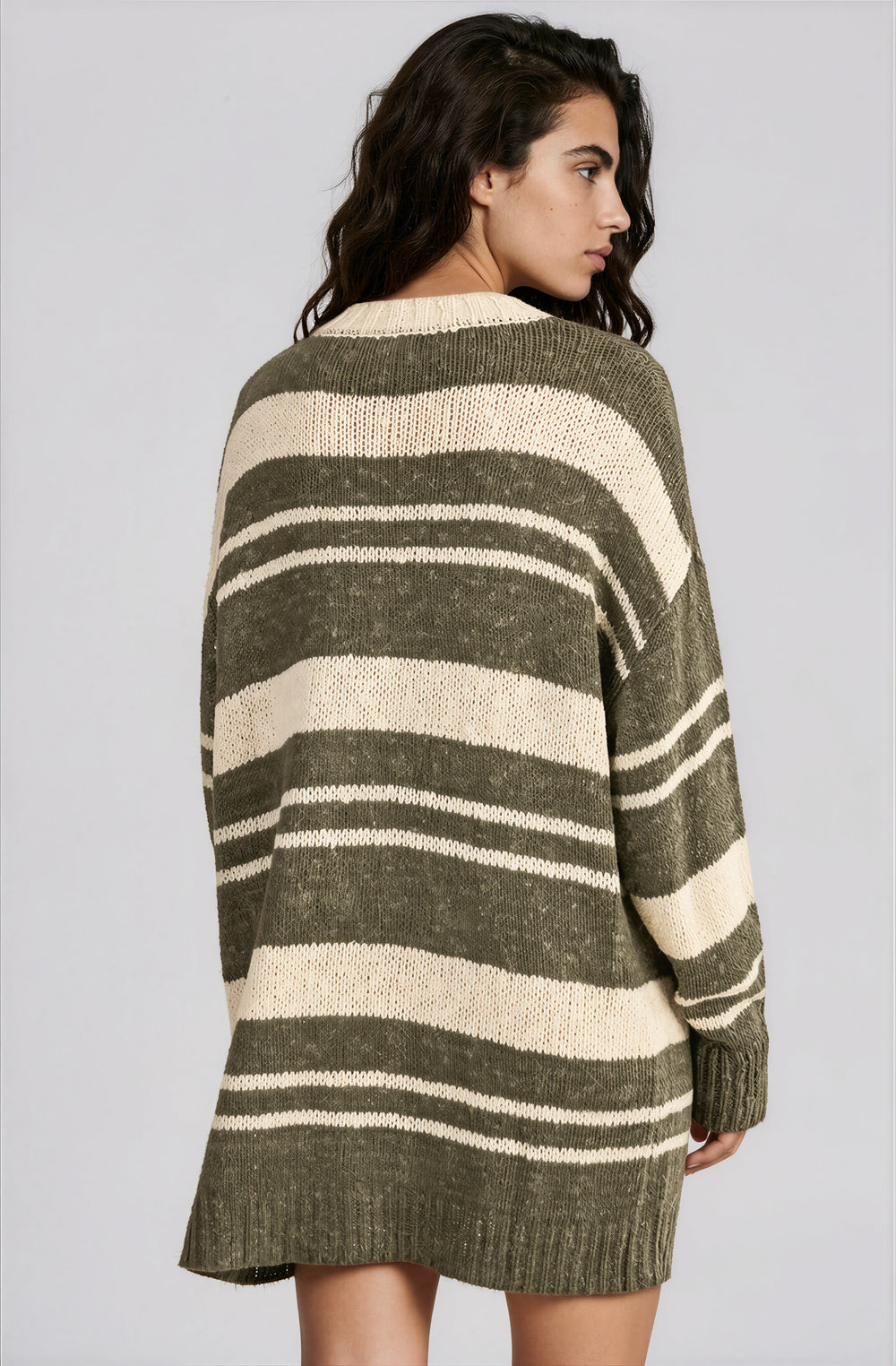 green and beige striped sweater mini dress
