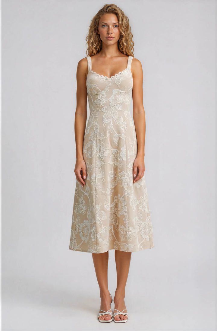 beige midi dress with white floral embroidery