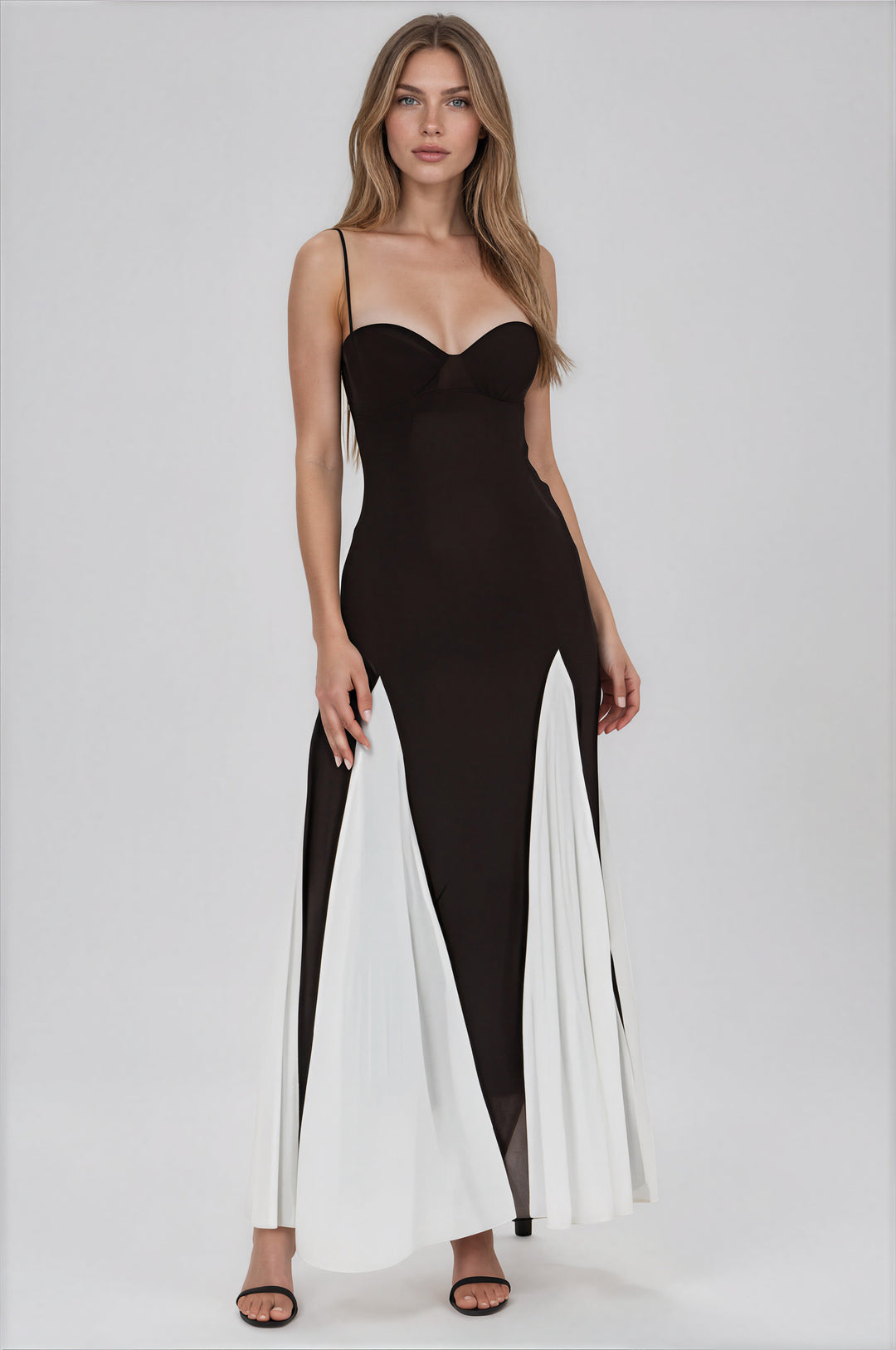 black and white mesh gown with pleats
