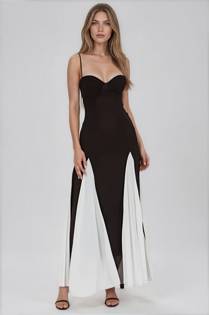 black and white mesh gown with pleats