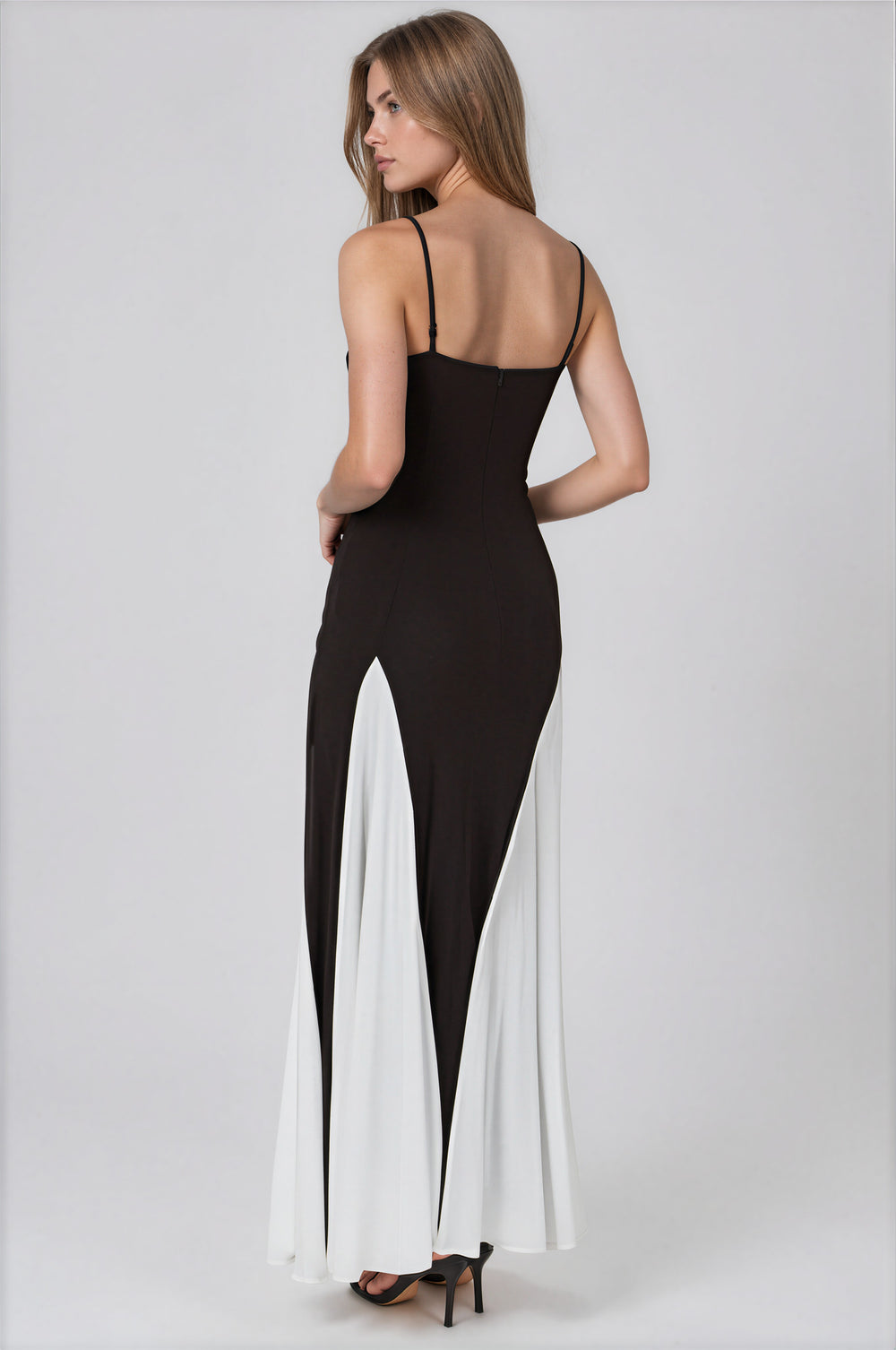 black and white mesh gown with pleats