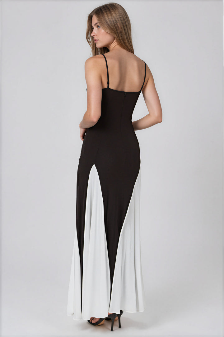 black and white mesh gown with pleats