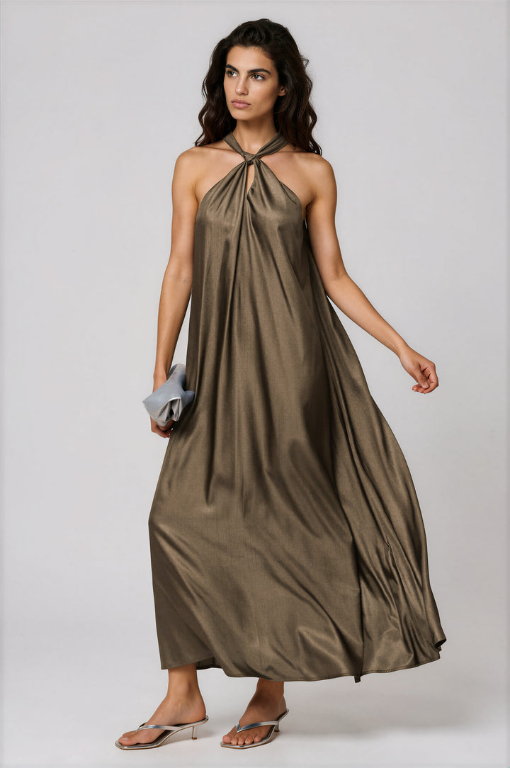 Taupe halter maxi dress with a sleeveless neckline and flowy silhouette, front view