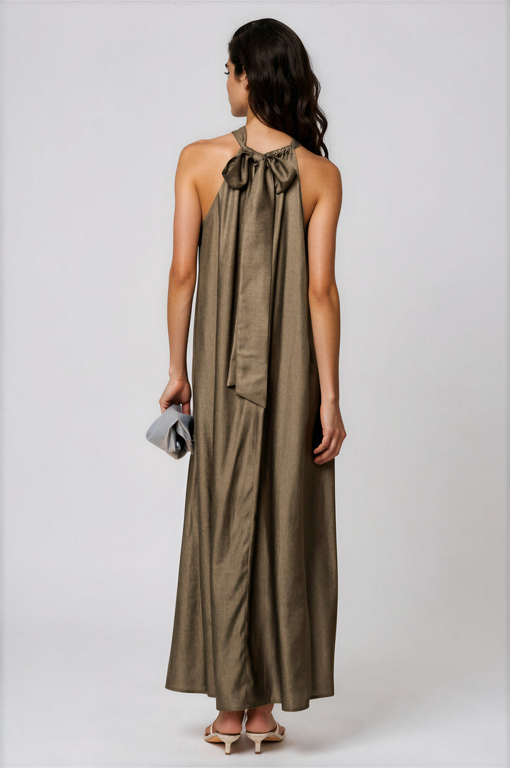 Taupe maxi dress with a bow tie detail at the back, back view