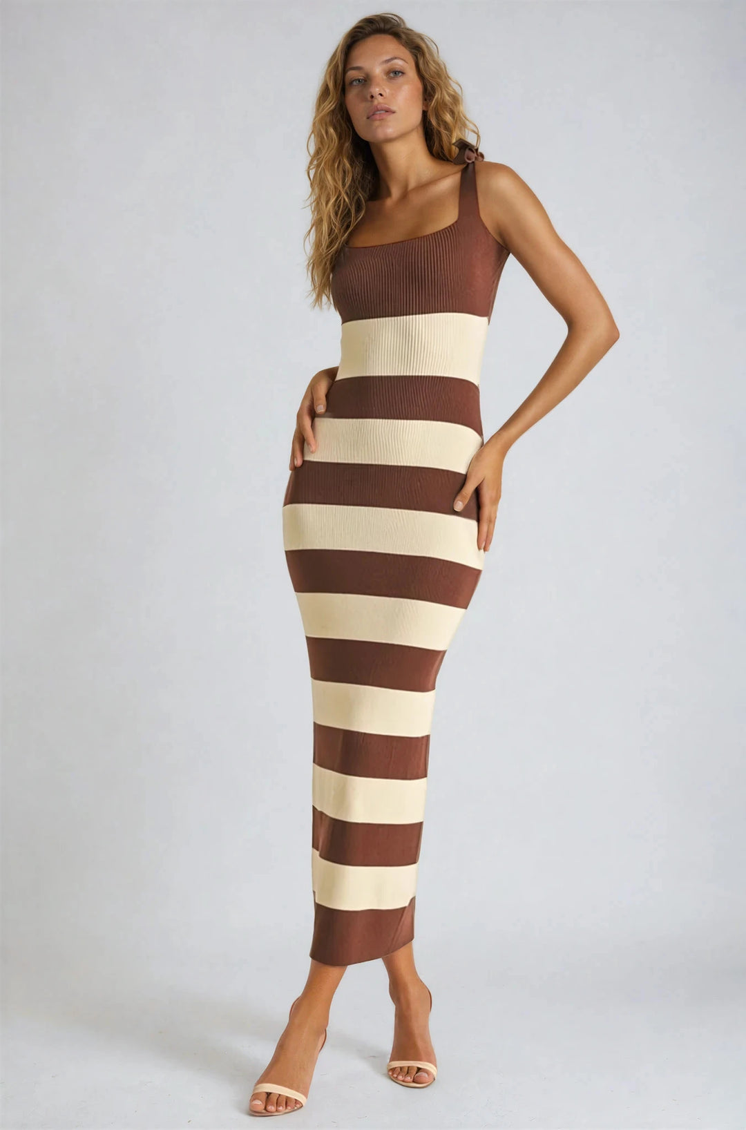 Brown and Cream Striped Knit Bodycon Midi Dress Brown and Cream Striped Knit Bodycon Midi Dress