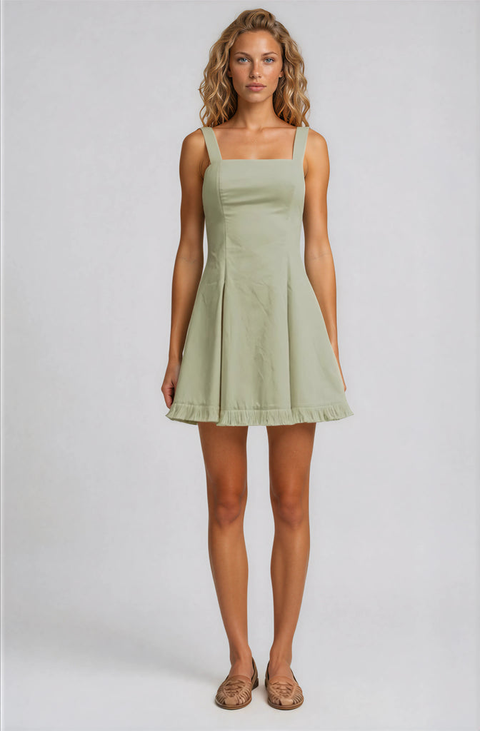sinclair mini dress sage Green Cotton Fit and Flare with Fringe Hem GL-10.25.24 Ruffle cap shoulder Variant:Ivory size 6 Formal Dress Cool Mens