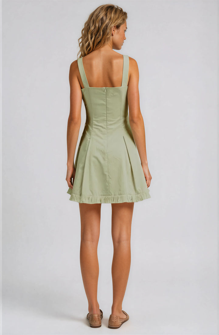 casual light green mini dress with fringe hem for summer back view