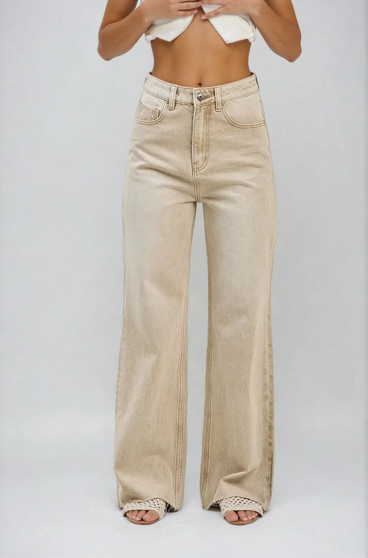 Taupe floral wide leg denim pants on model