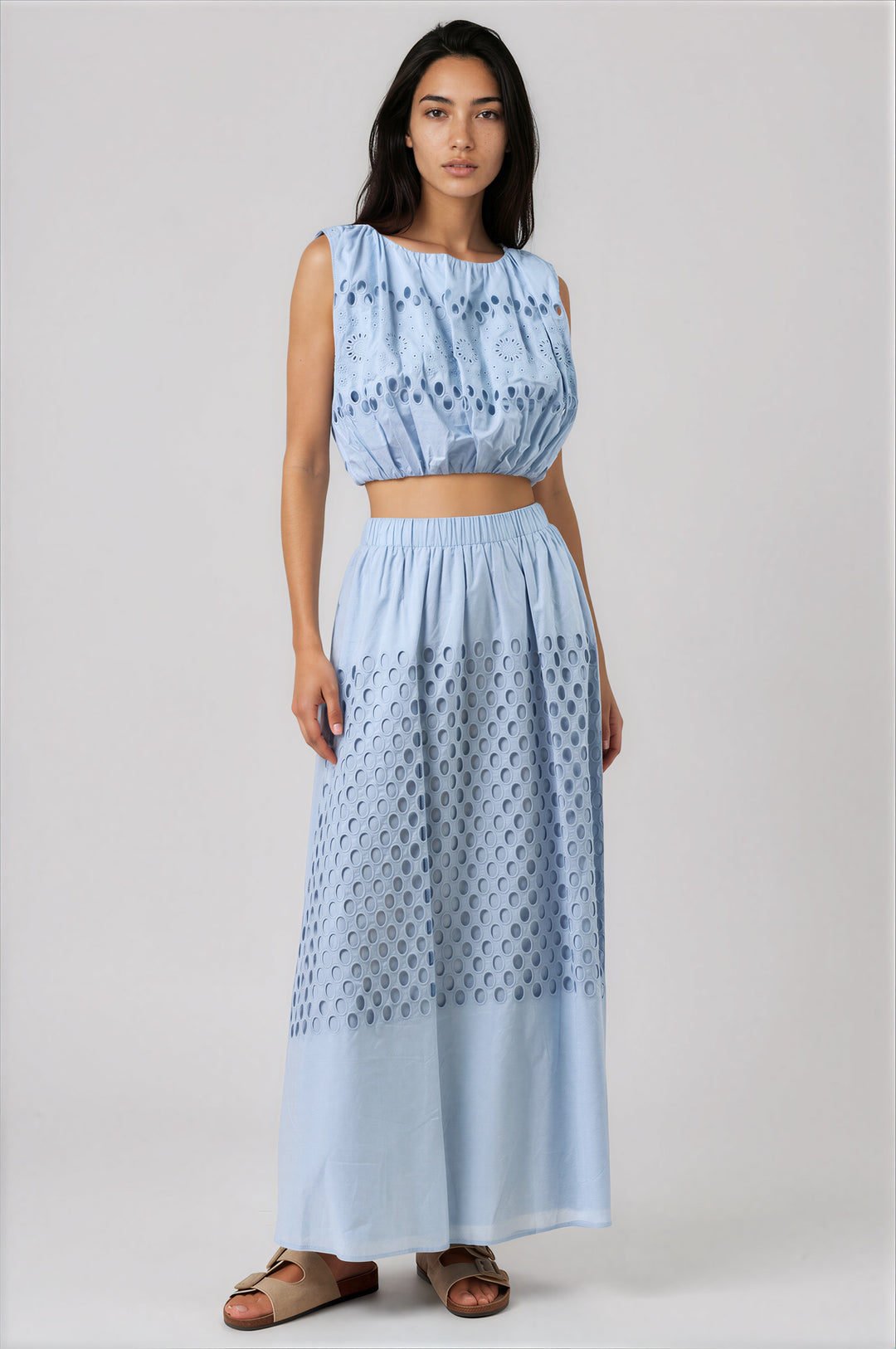 light blue cotton maxi skirt for summer vacation