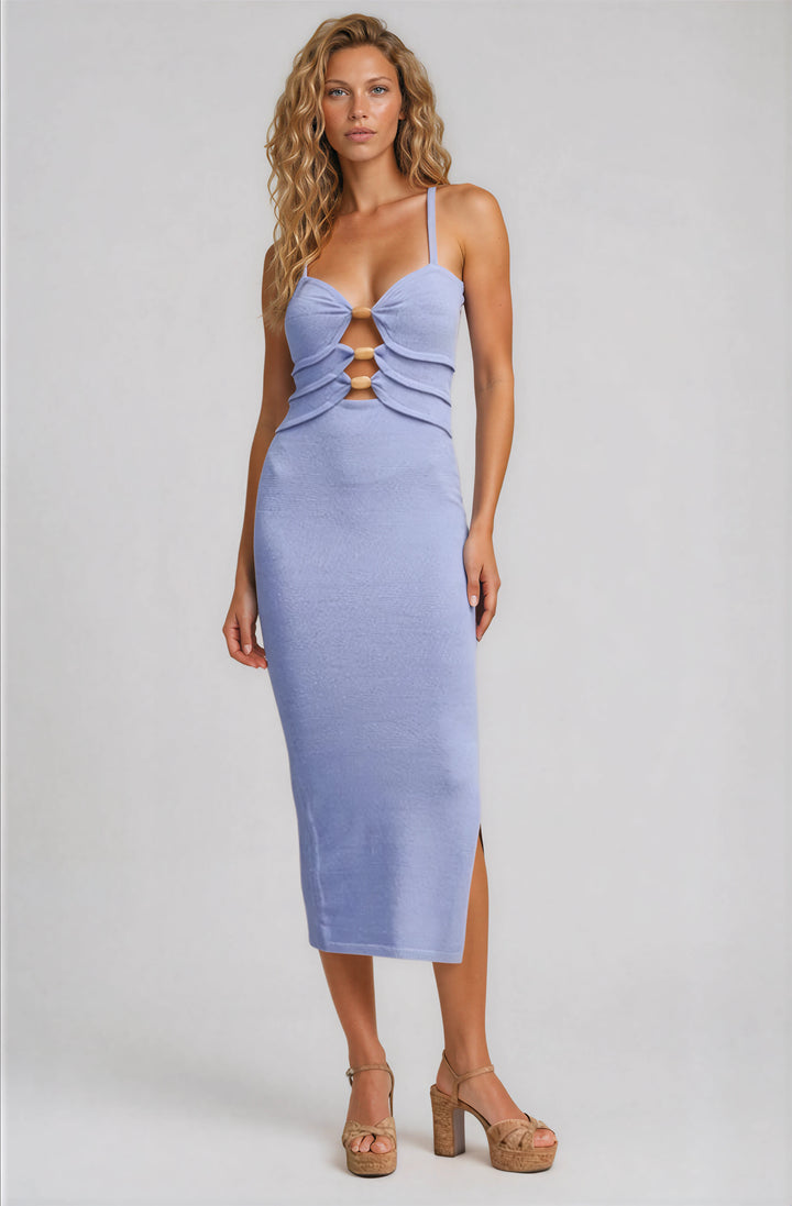 lavender midi dress with beaded detail for vacation